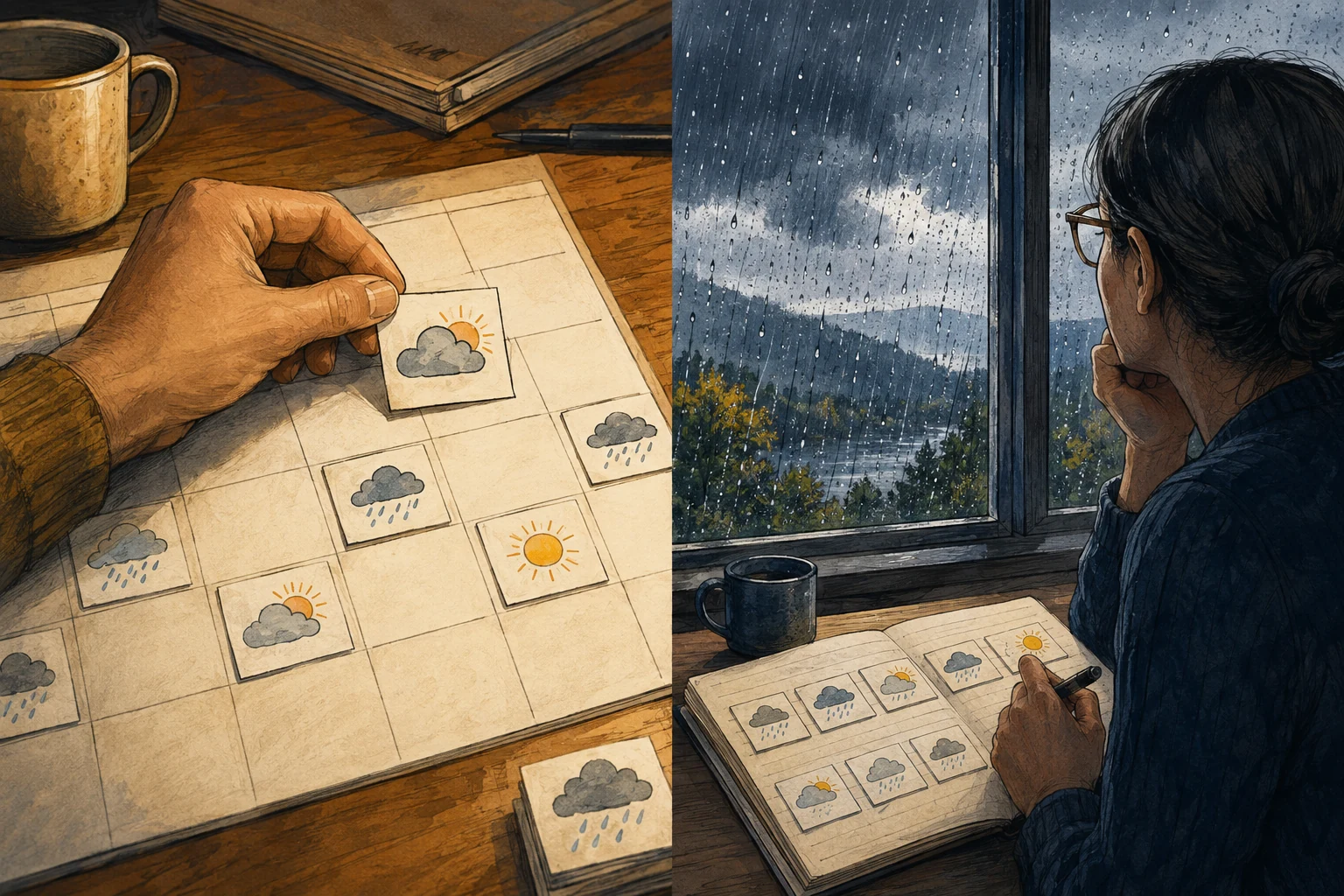 Weather forecasts are recorded on cards and compared with observations of rain outside a window.