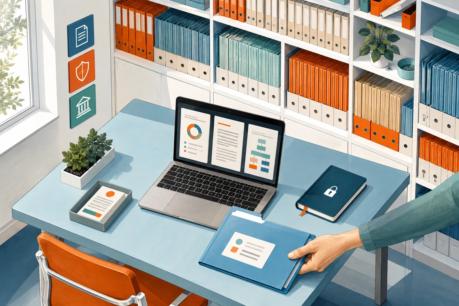 A selected folder enters a small workspace, with a larger archive behind it and a locked notebook beside the laptop.