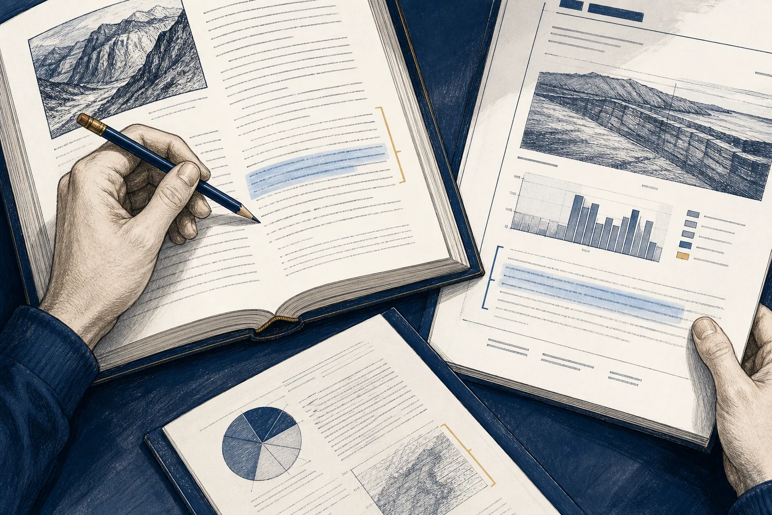 A researcher compares highlighted passages in an open book and a research report.