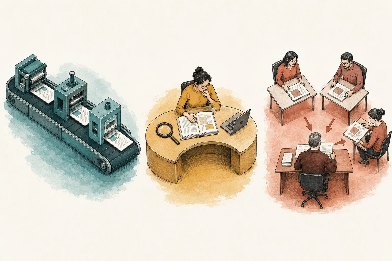 Three scenes show a fixed production sequence, one researcher choosing tools, and a team coordinating separate tasks.
