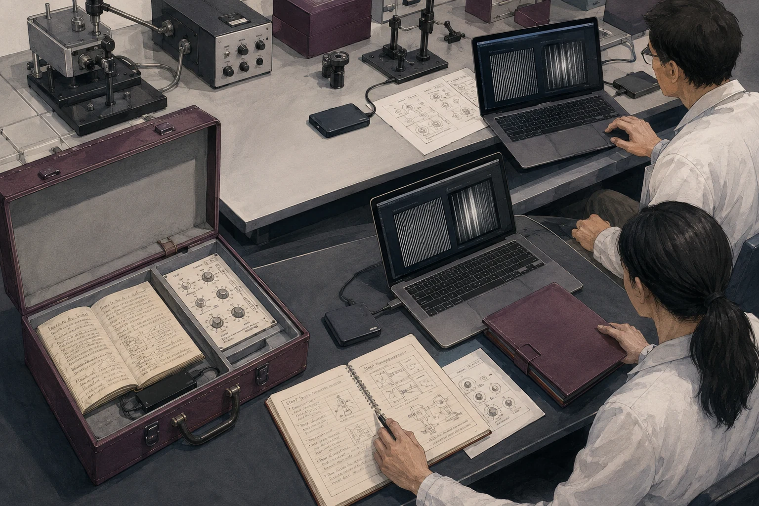 Researchers use saved documents, settings, and storage drives to reconstruct a research setup.