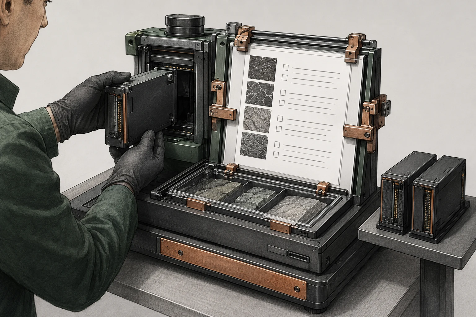 A researcher replaces a computing module while a test document, specimen tray, and checklist stay in place.